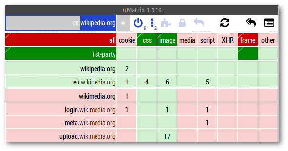uMatrix grid for wikipedia.org rules when viewing en.wikipedia.org site