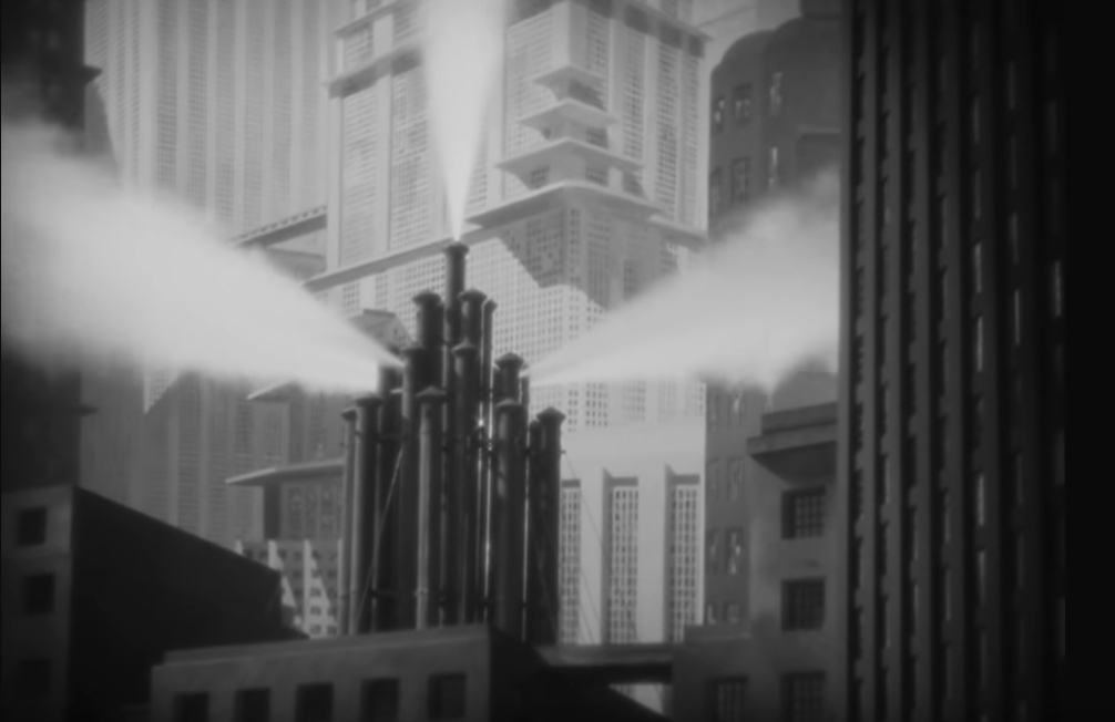 Fotograma de la película Metrópolis, de Fritz Lang (1927) en el que se ve un paisaje de una ciudad futurista.