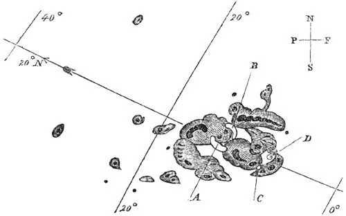 A black-and-white sketch by Richard Carrington shows the points where two bright dots appeared on the Sun’s surface.