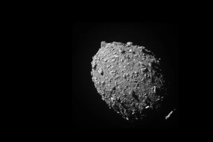 Asteroid moonlet Dimorphos as seen by the DART spacecraft 11 seconds before impact. 