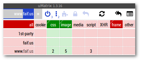 uMatrix grid for FaiF site denying 1st party cookies and JavaScript