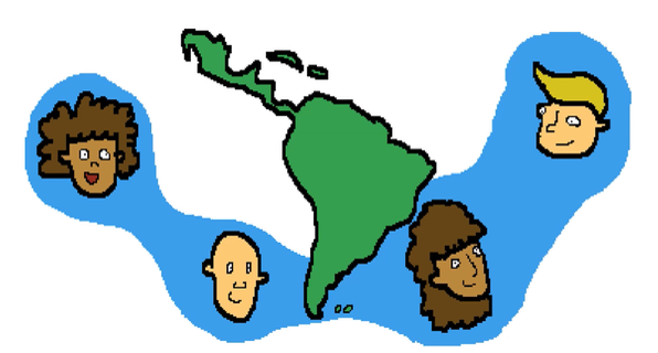 desenho de desenvolvedores latino-americanos de jogos comunicando-se numa linguagem em comum