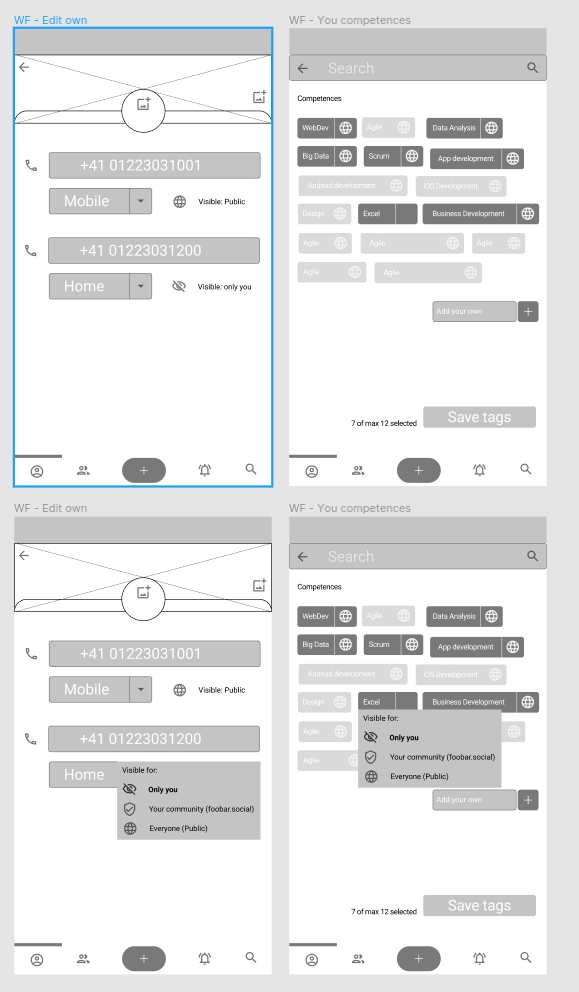 Figma Wireframes showing screens with dropdowns with the three privacy options.
