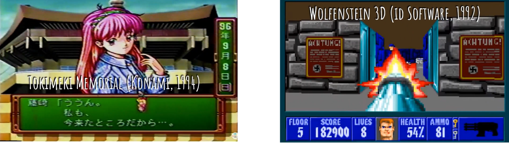 capturas de tela dos jogos "Wolfenstein 3D" (1992, EUA) e Tokimeki Memorial (1994, Japão)