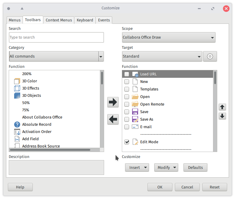 Screenshot: Using CollaboraOffice, accessing Customize dialog