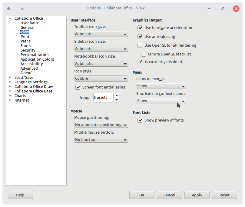 Screenshot: Using CollaboraOffice, accessing Options dialog (view)