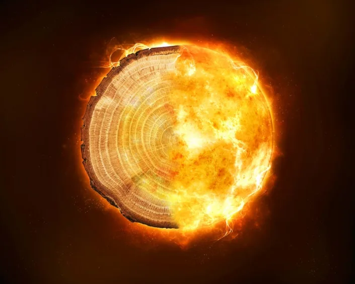 A composite image shows a tree’s rings and a Sun-like ball of fire.