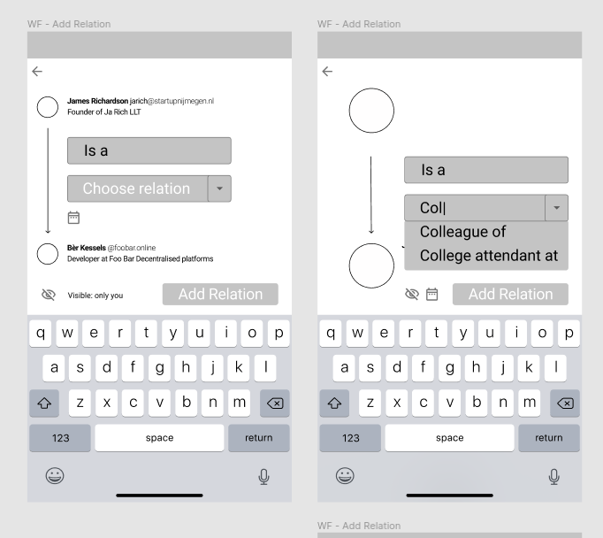 Figma Wireframes showing the“add relation“ feature.