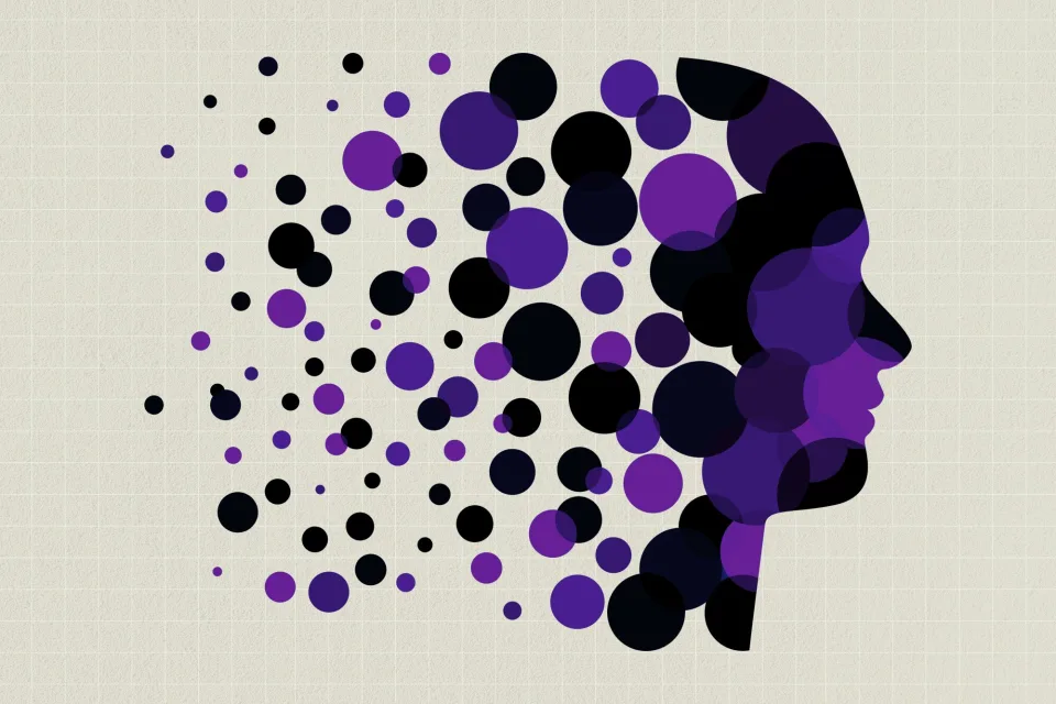 an illustration of a silhouette of a person made out of circles, with some of the circles fading away