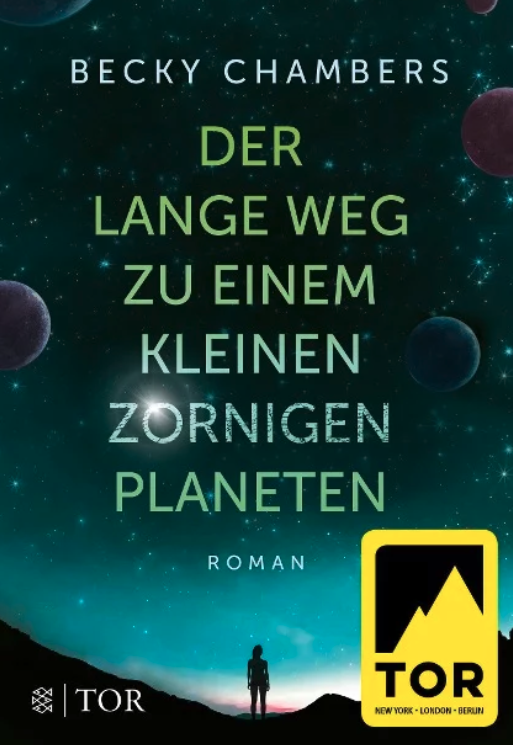 Buchcover des Titels “Der lange Weg zu einem kleinen zornigen Planeten” von Becky Chambers. Dargestellt ist in dunklen Farben eine Gestalt, die in einen Himmel mit Sternen schaut.