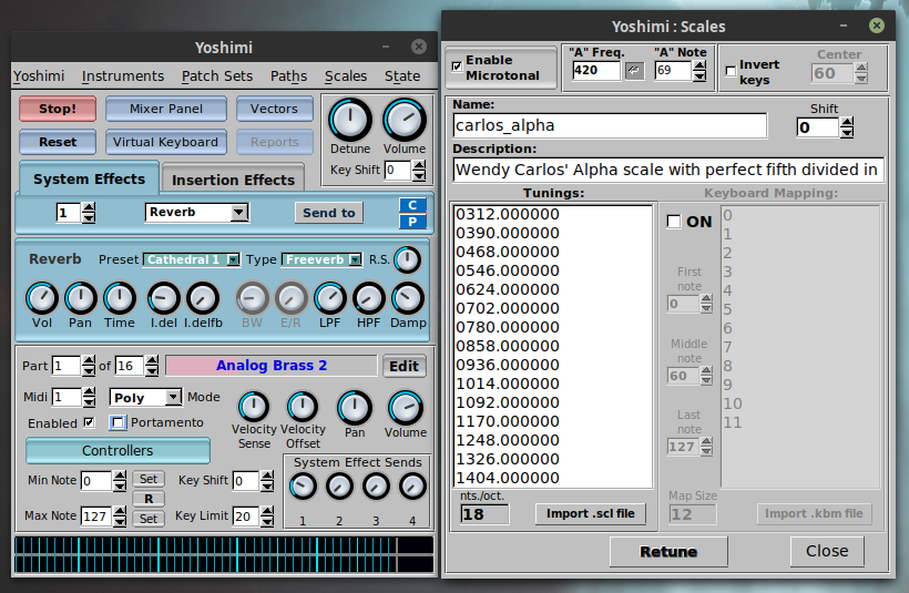 Screenshot of the Yoshimi synth with Carlos Alpha tuning file loaded