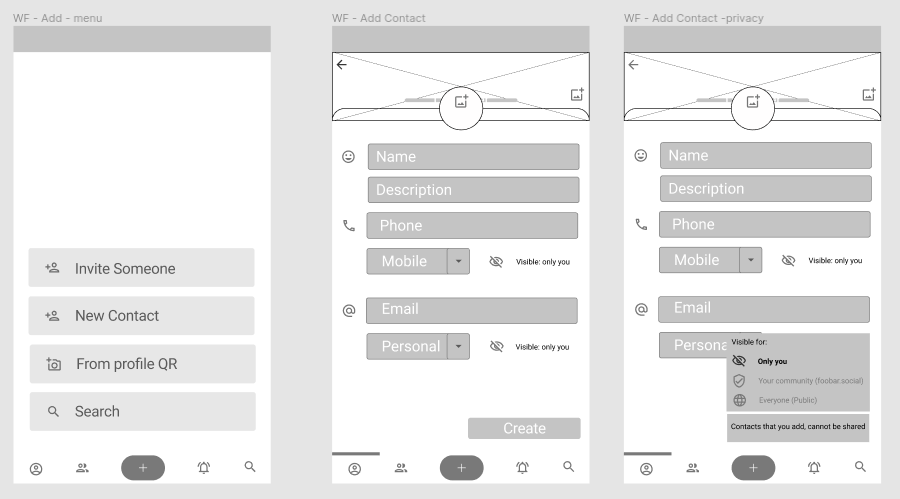 Figma Wireframes showing screens where you add new contact details.